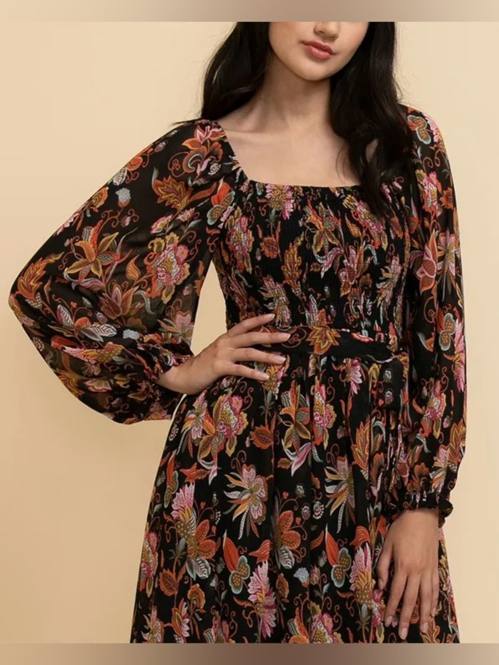 Ricki's Long Sleeve Square Neck Smocked Dress Small